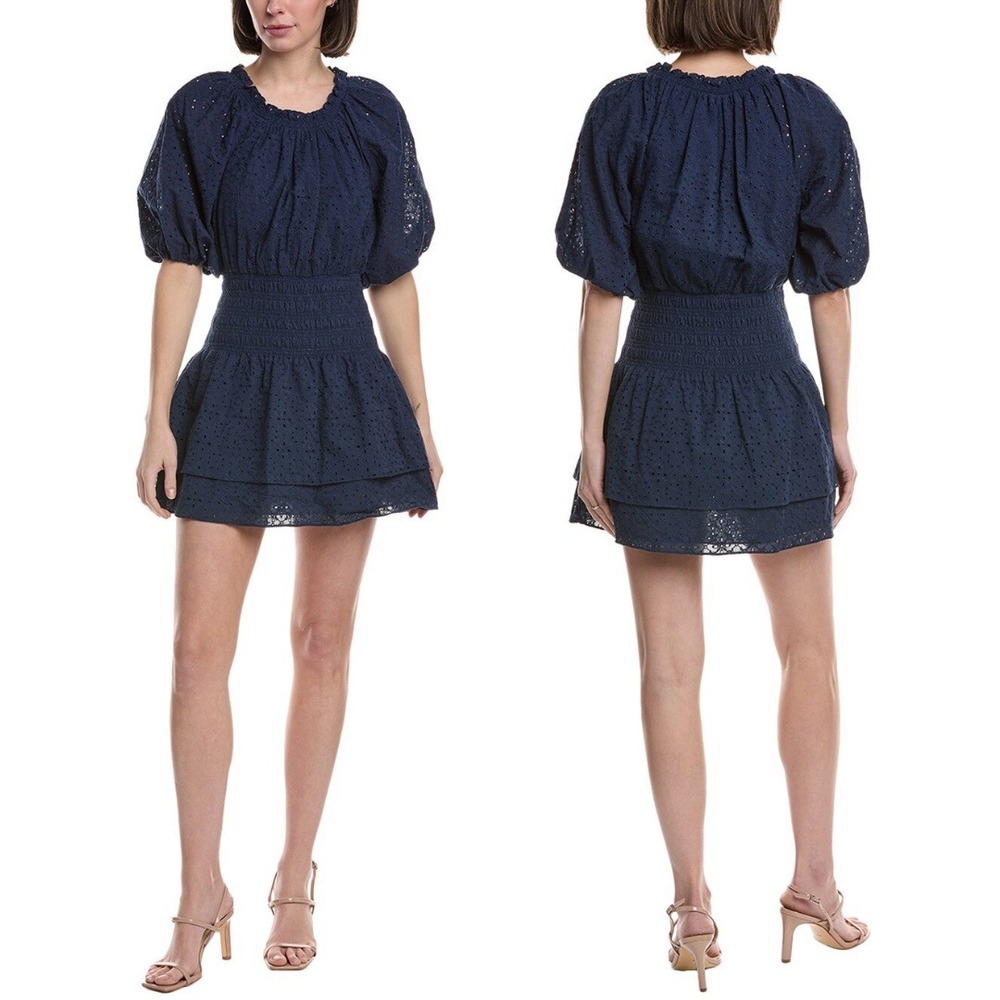 Ramy Brook Dress Womens Medium Sawyer Mini Eyelet Smocked Tiered Puff Sleeve NEW